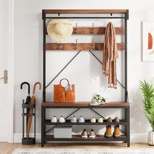 【GARVEE】Industrial Storage Shoe Bench, 72" Mudroom Hall Tree with 8 Hanging Hooks, Rustic Brown