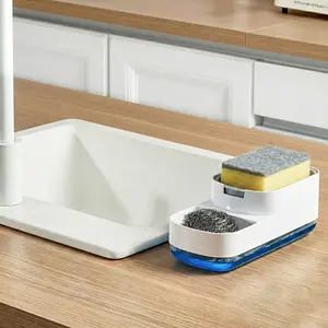 Manual Kitchen Sink Soap Dispenser with Sponge Holder, Press Pump Foam Maker for Dish Washing, Non-Electric Easy Tabletop Cleaning Tool
