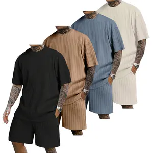 4 Sets - Men's Jacquard Comfort Outfit, Summer Casual Short Sleeve T-Shirt & Shorts Set, Loose Fit Streetwear Apparel