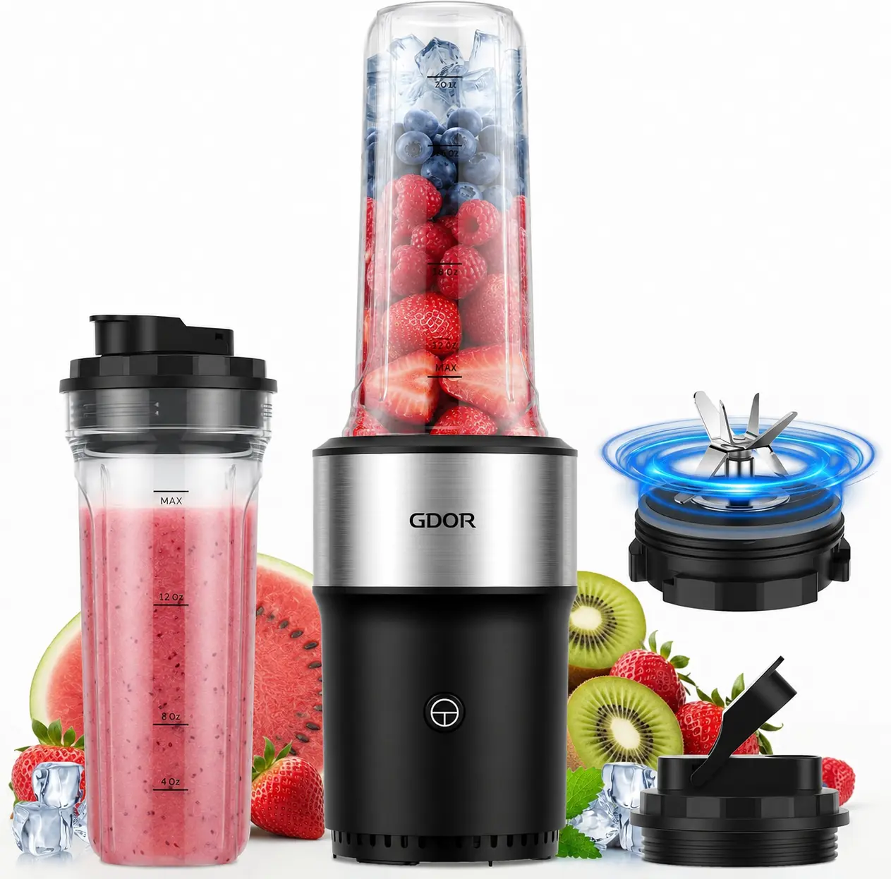 GDOR Smoothie Blender 900W, Personal Blender with 2 x 24oz To-Go Cups, 6-Blade Blender for Smoothies, Protein Shakes, Frozen Fruit & Ice