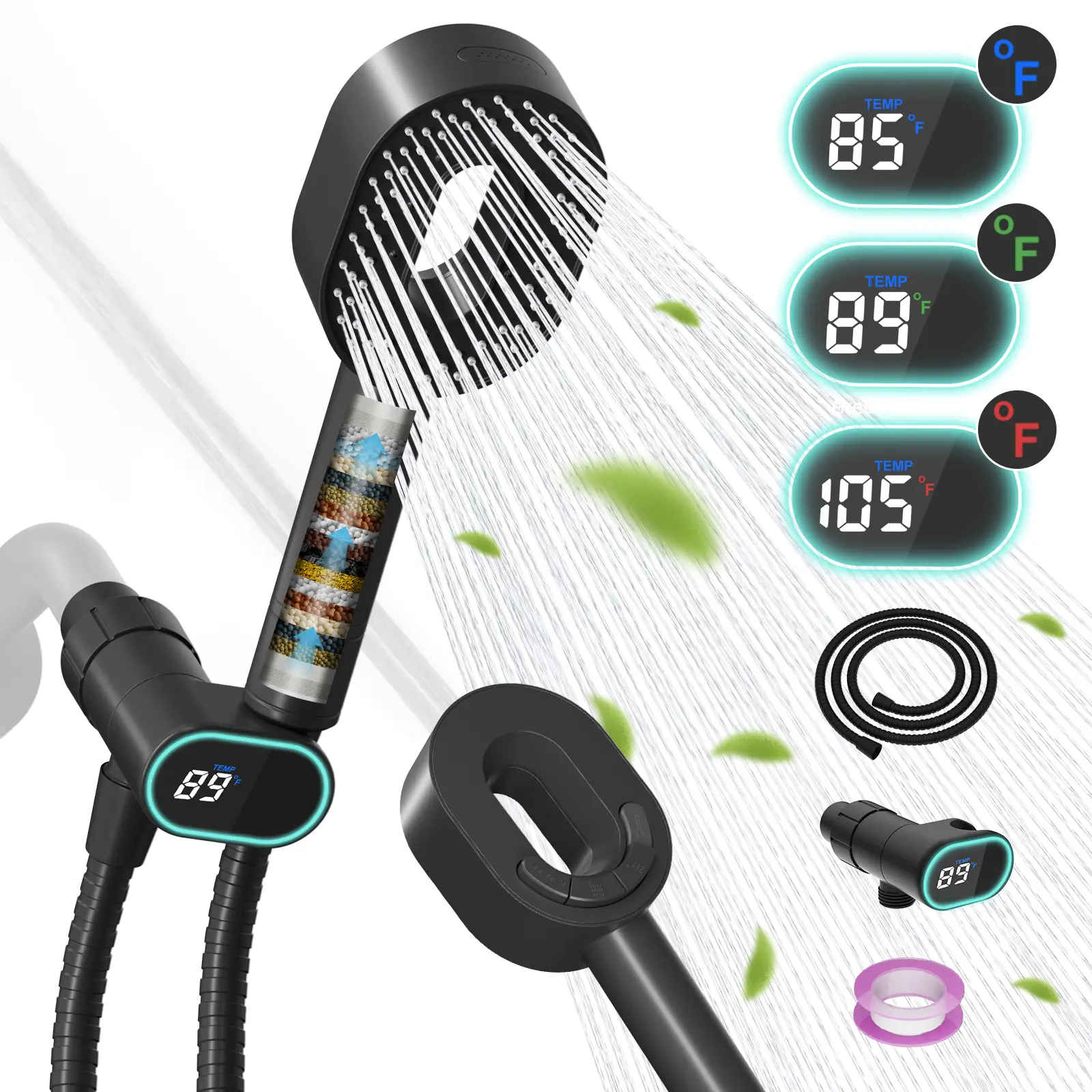 Hibbent Adjustable Handheld Shower Head - Water Softener Showerhead, High-Pressure 5-Spray, Chlorine-Removing Filter, LED Display Holder, Brass Pivot Bracket, 59'' Hose, Water-Powered Battery-Free (Black), Faucet-Mounted, Adjustable Handheld Showers, Show