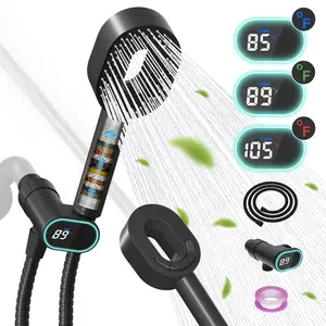 Hibbent Upgraded Filtered Handheld Shower Head, High Pressure 5 Sprays Handheld Showerhead with Filter, Remove Chlorine, Shower Head Holder with LED Display, Brass Pivot Bracket, 59'' Hose,Water-powered Battery-free Black