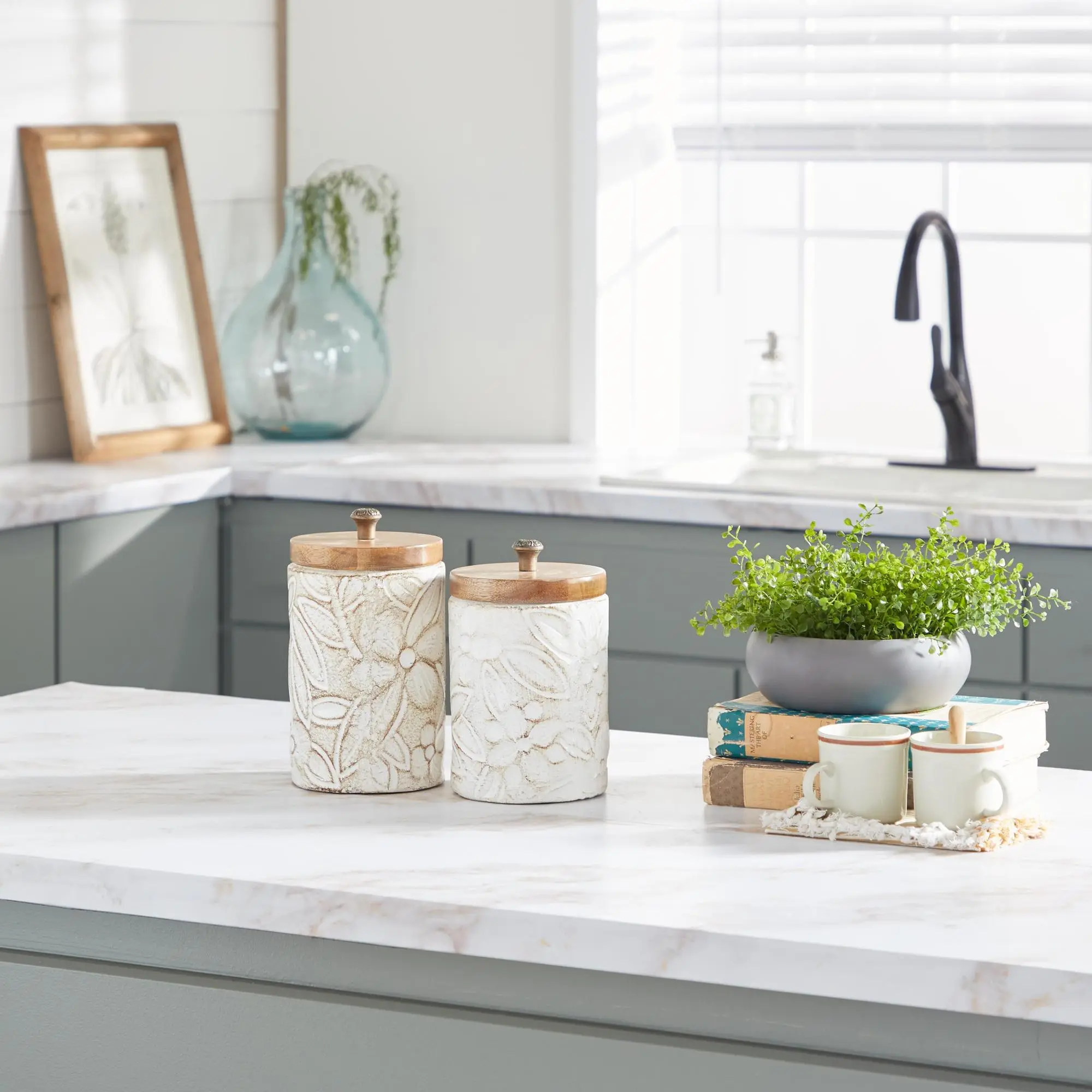 Decorative 2-Piece Handcrafted Floral White Ceramic Canister Set, Intricately Carved with Wooden Lids, Compact Farmhouse Kitchen Storage Jars, Living Room Decor & Gift Option, Round