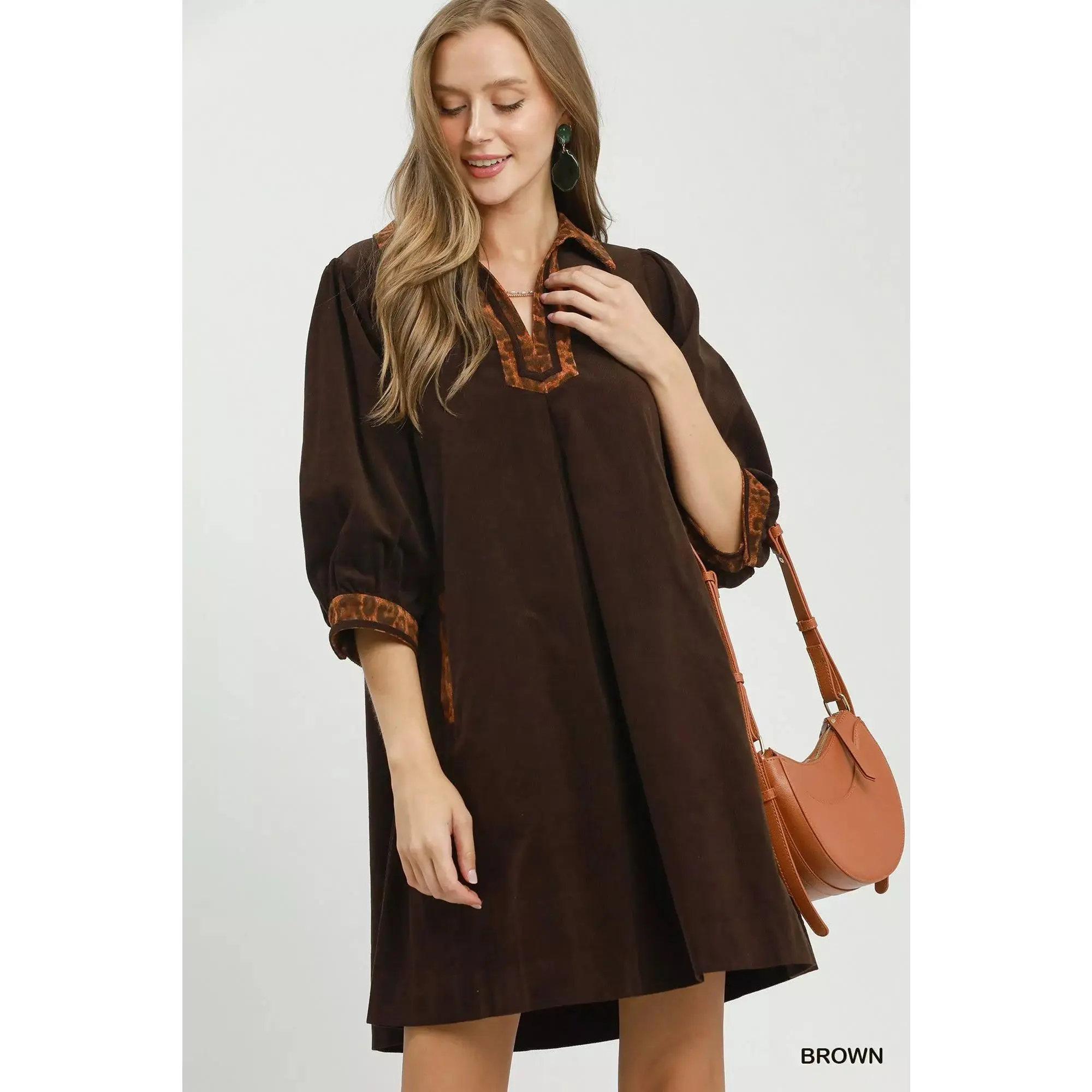 Umgee V-Neck Shift Dress with Contrast Trim