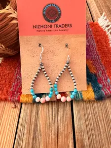 Handcrafted Pink Conch, Turquoise & Sterling Silver Pearl Beaded Dangle Hoop Earrings