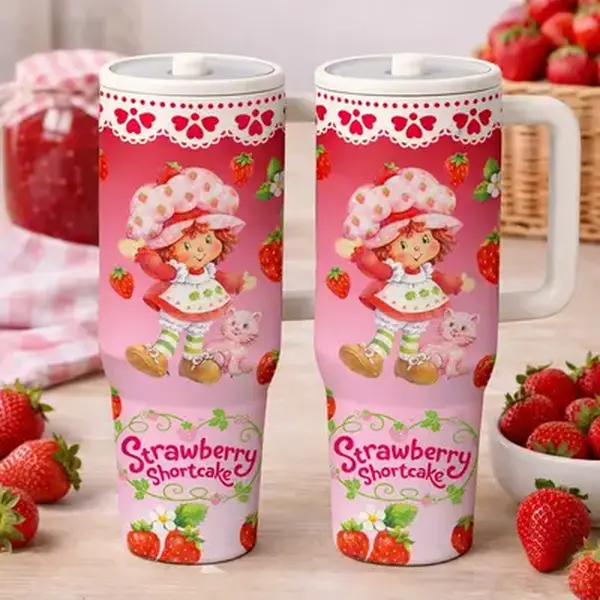 Strawberry Shortcake 40oz Tumbler, Pink Vintage 80s Cartoon Travel Mug, Cute Berry Cup with White Handle