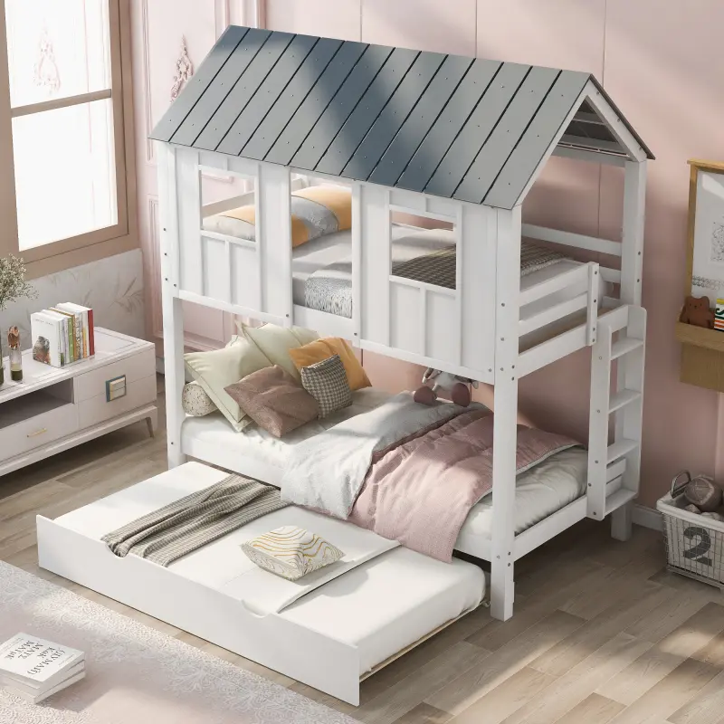 House Bunk Bed with Trundle, Wooden Twin Over Twin Bunk Bed with Trundle, Roof and Windows, Playhouse Bed Frame,White+Grey
