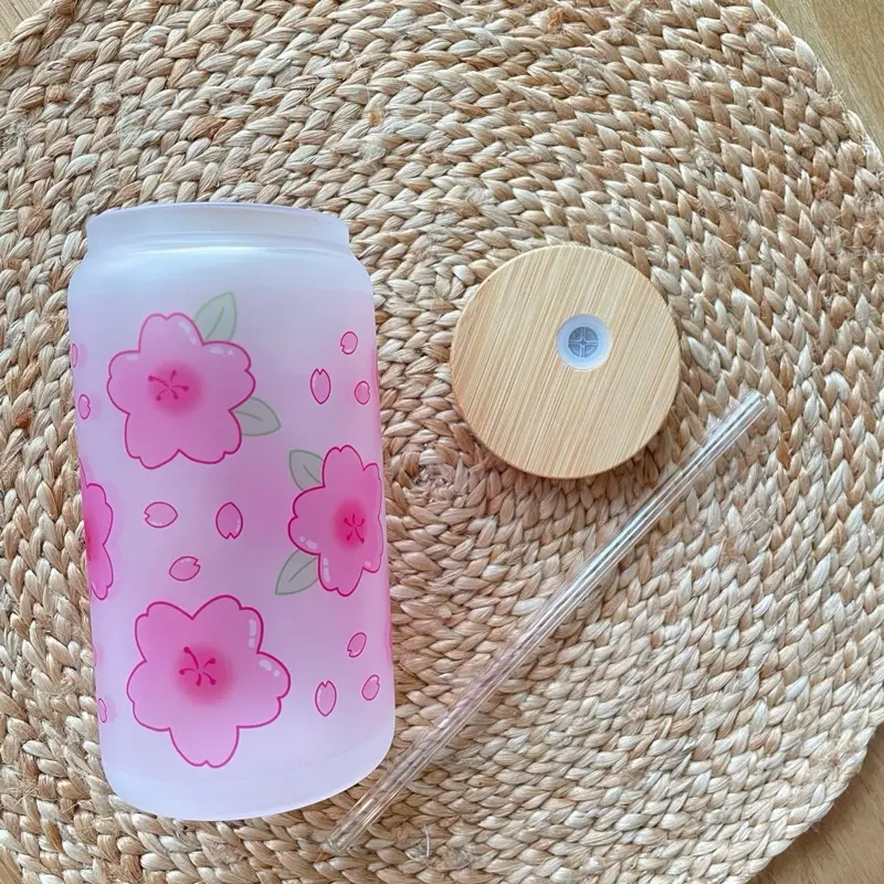 Cherry blossoms 16oz Frosted Glass Cup with Bamboo Lid and Glass Straw