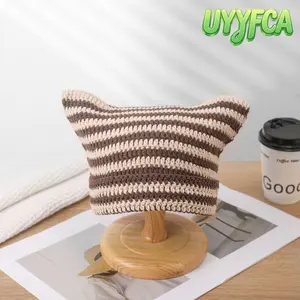 UYYFCA Unisex Devil Cat Ear Crochet Beanie, Striped Knit Winter Hat with 3D Cat Ears, Soft Stretchy Handmade Beanie, Machine Washable for Streetwear, Outdoor and Daily Casual Wear