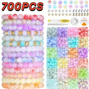700pcs Jewellery Making Glass Beads, 24 Colours 8mm Glass Beads Friendship Bracelet DIY Earrings Making Kit Necklace with Spacer Beads Ring men's jewelry
