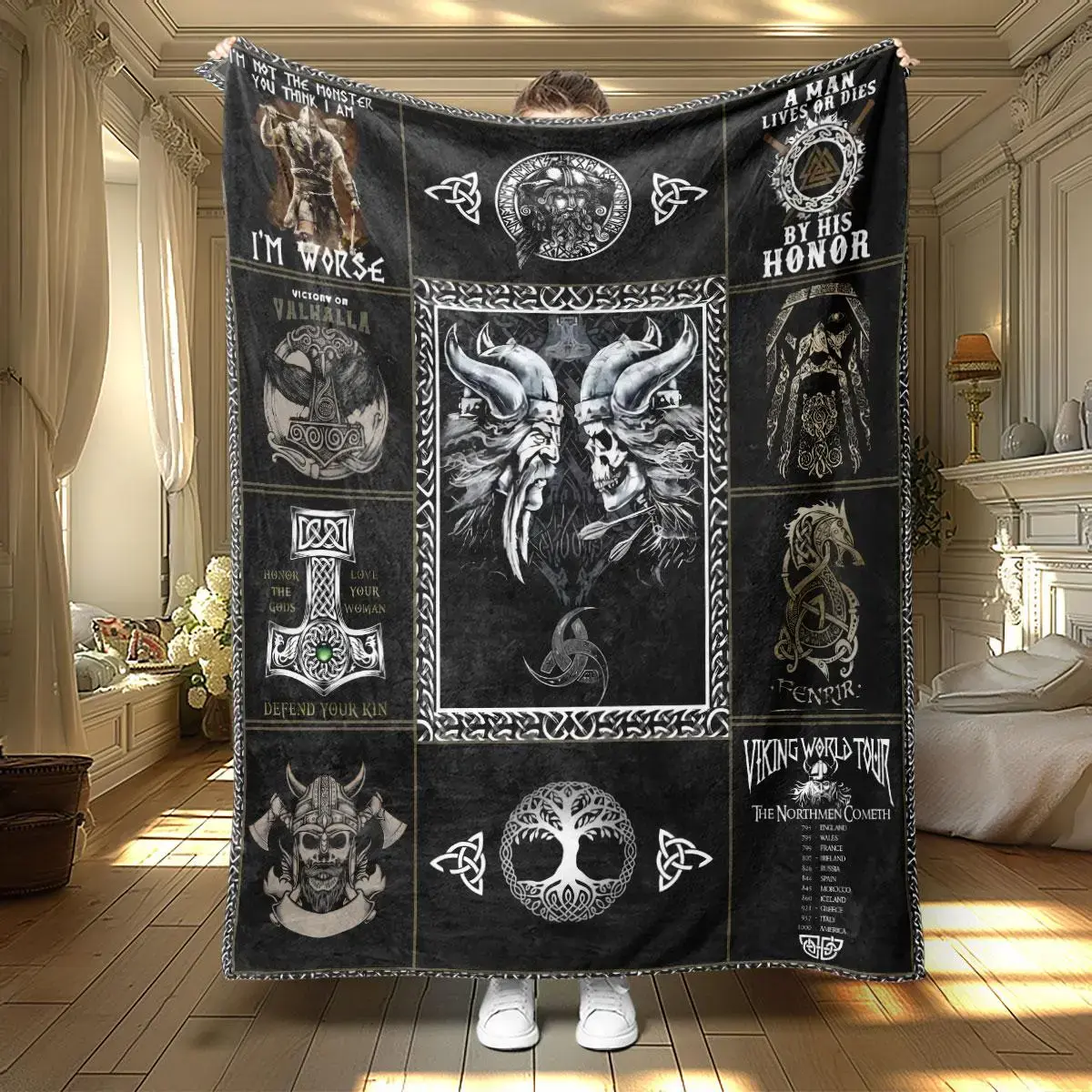 Viking Slogan Blanket, Nordic Warrior Print Flannel Blanket for Bed, Sofa Throw Accent, Rustic Mythic Room Decor, Man Cave, Cabin Couch, Reading Chair, Cool Graphic Gift for Men Women, History Fans Decor, Lodge Style