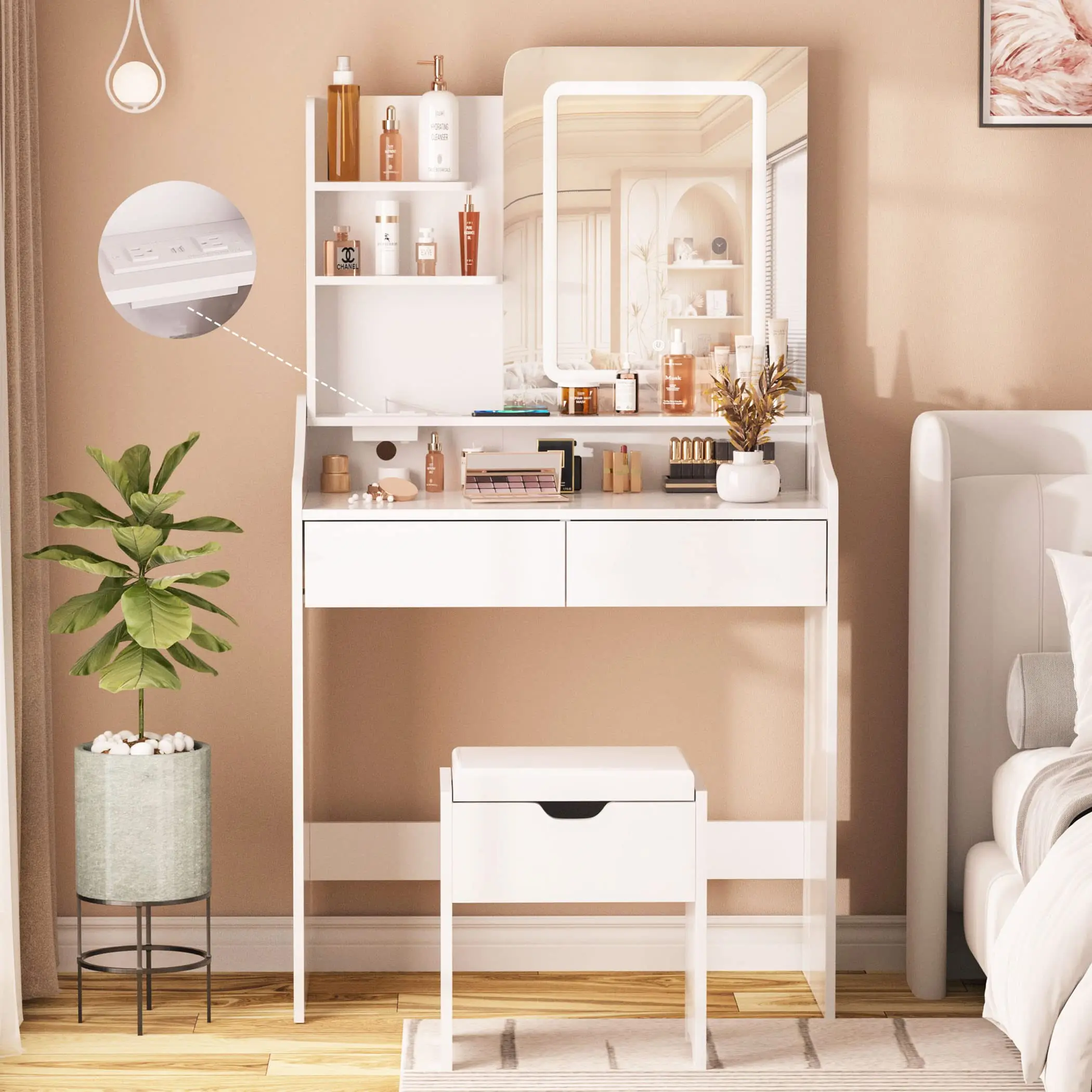 [Summergarden] Vabches Vanity Desk with LED Light Mirror and Charging Station 30.3in, Small Vanity Set with 4 Storage Shelves 2 Drawers, Vanity for Girls Women with Storage Stool, Vanity Table for Bedroom