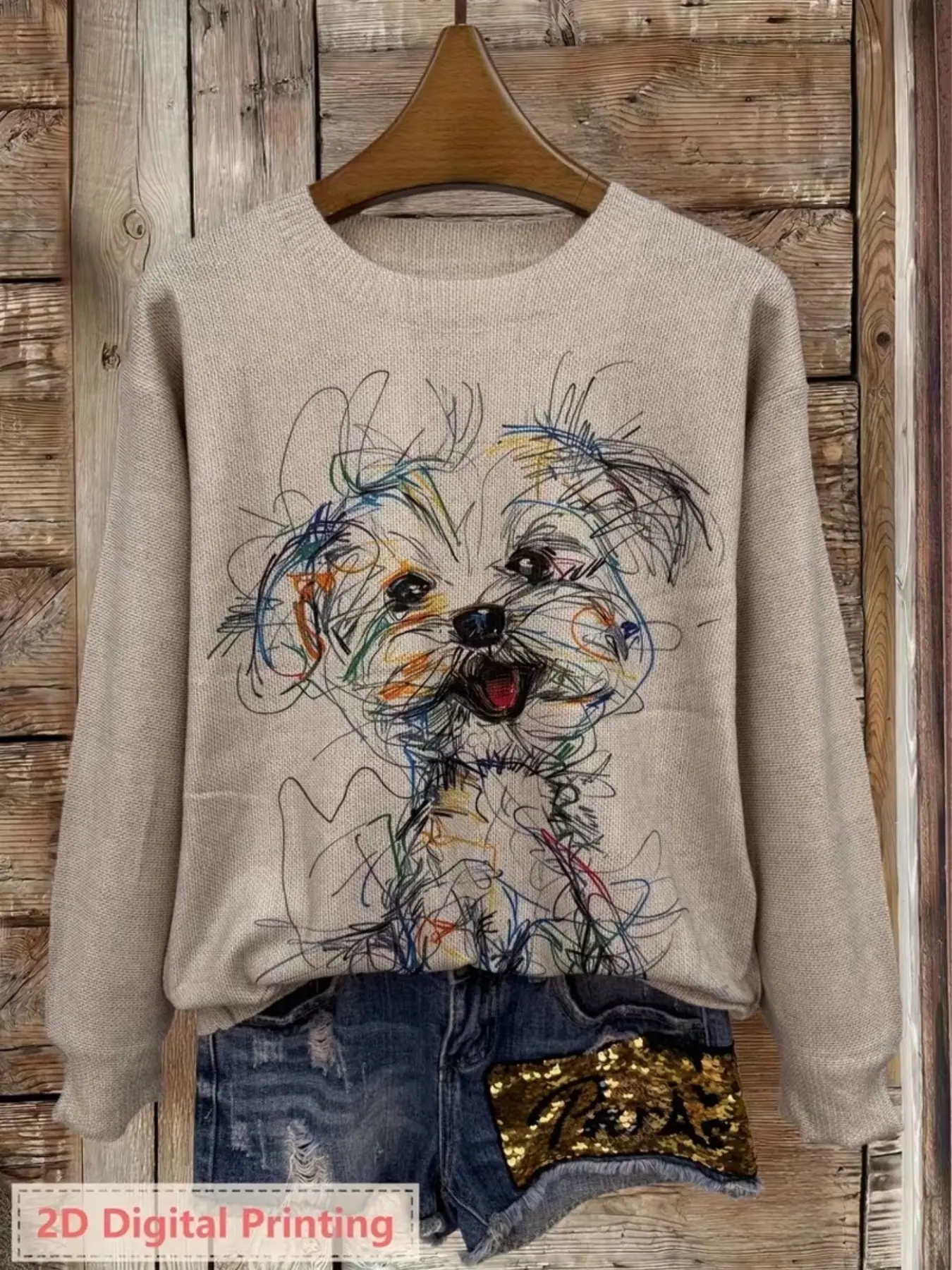 Women's Printed Long Sleeve Thin Round Neck Sweater, Trendy Casual Elegant Style, Ultra-HD Teddy Sketch Pattern, Suitable for All Seasons