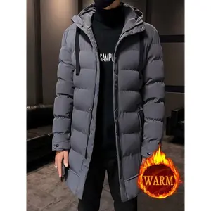 Men'S Casual Hooded Puffer Jacket, Polyester 100% Solid Color Long Length Coat, Non-Stretch Fabric, Regular Sleeve, with Filling, Zipper Placket, Pocket Detail, for Fall/Winter Warm Outerwear(Raincoats)
