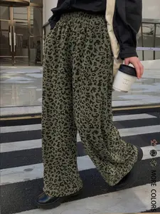 Women's Casual Leopard Print Elastic Waist Corduroy Loose Fit Pants, Womenswear, Comfortable and Stylish, Suitable for All Seasons, Perfect for Daily Wear, All Season, Back To School Clothes