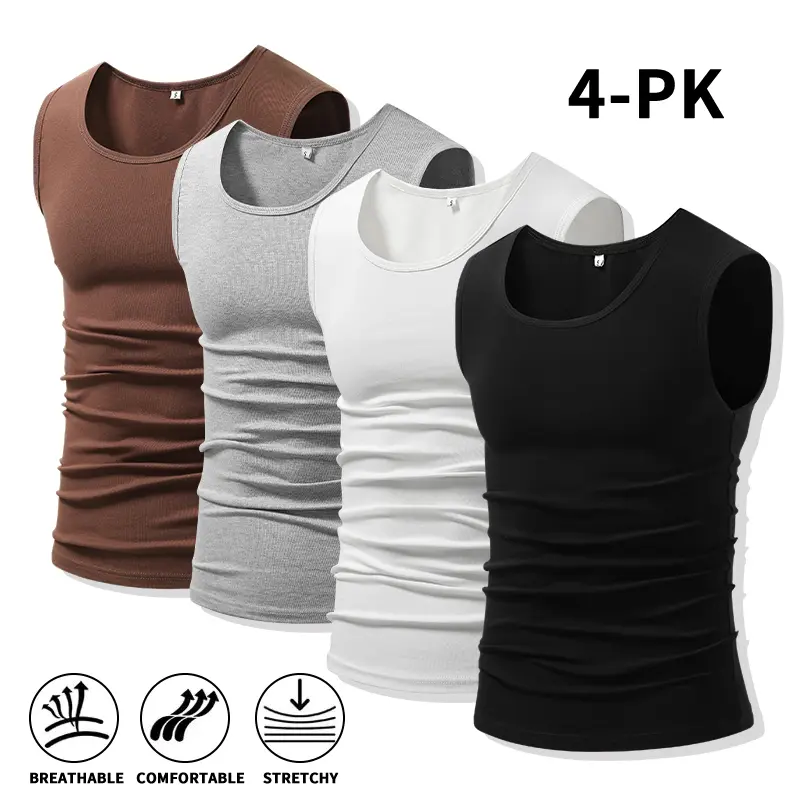 Men 4Pack Cotton Muscle Tank Tops Comfort Stretchy Breathable Summer Workout Sleeveless Sports Undershirts (optional sets of 4 or 2) High Elasticity Lifestyle Beater layering singlets casual shirt outdoor cycling