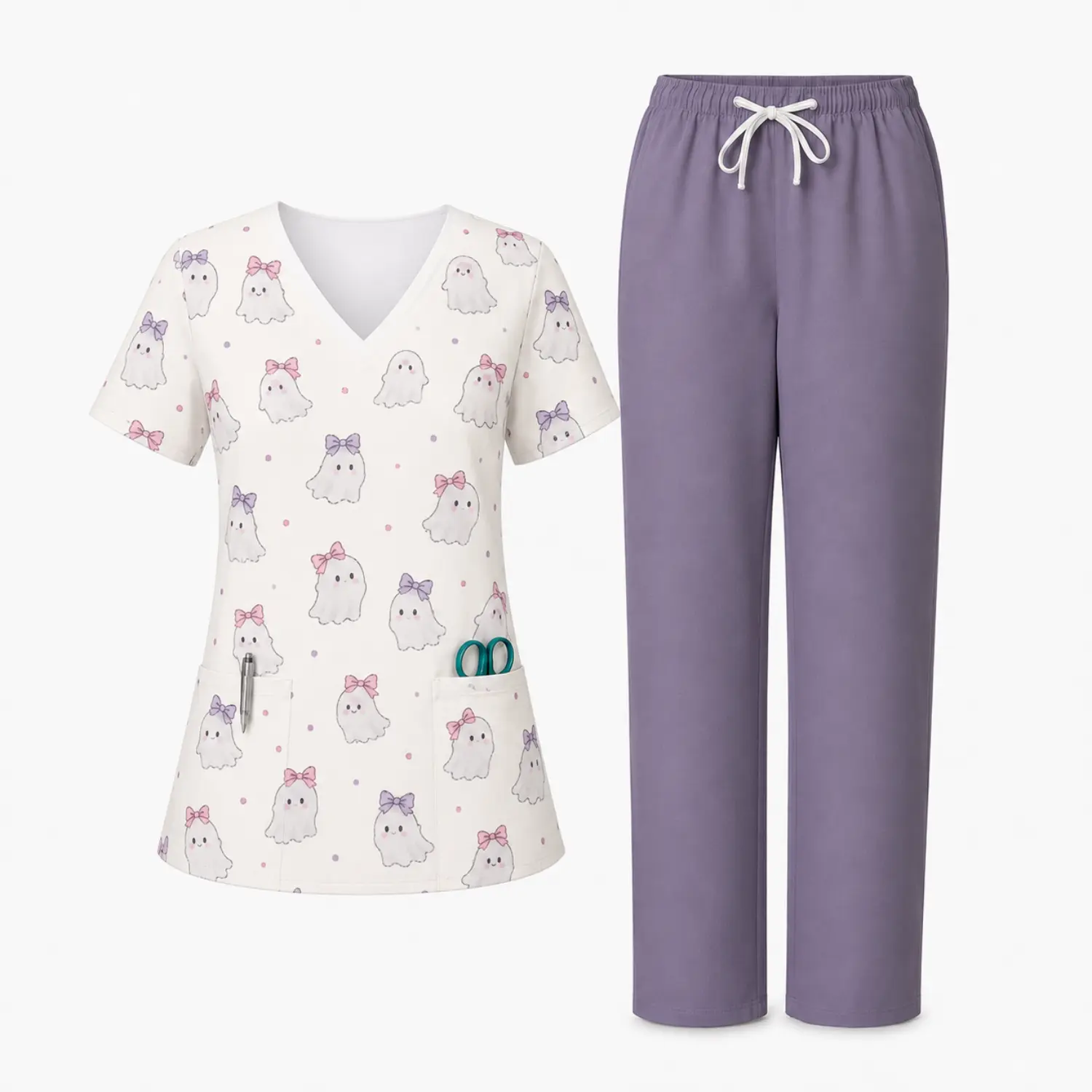 White Ghost Bow Print Scrub Set - Cute New Nurse Uniform with Top & Purple Drawstring Pants, Ideal for Work Shifts & Scrubs Enthusiasts
