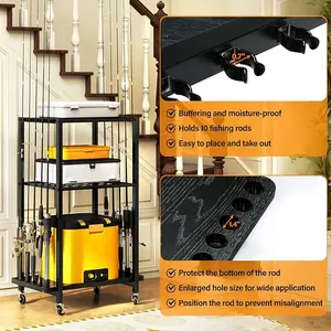 TC-HOMENY Fishing Rod Holder for Garage, Fishing Pole Rack Cart 10 Rod Fit All Fishing Rods, 3 Tier Fishing Tackle Storage Organizer Rack with Storage Bag, Fit For Living Room