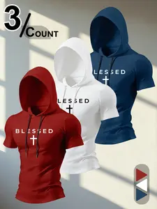 Men's Hooded Short Sleeve T-Shirt, Summer Fashion Streetwear, Cool and Tough Design, American Style Hard Guy Clothing