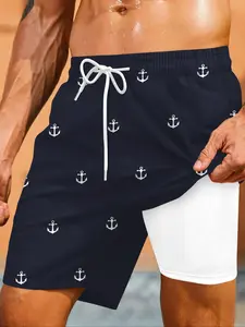 Men's 2 in 1 Drawstring Waist Beach Shorts, Regular Fit Casual Quick Drying Swim Shorts for Summer, Men's Swimwear for Beach Vacation Outdoor Swimming, Clothing, Summer Swim Trunks, Summer Swim Bottoms, Swimtrunks