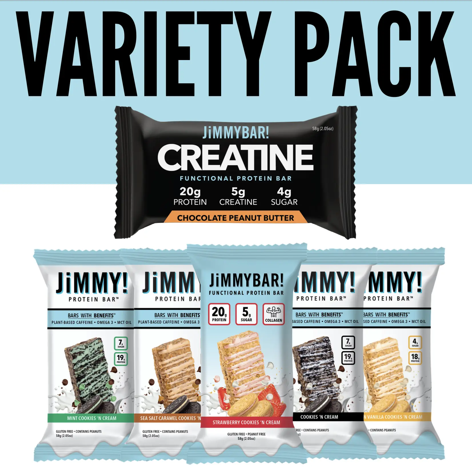 JIMMYBAR! Protein Variety Pack - 20g Protein, Creatine, Collagen, Caffeine, Omega-3s, MCT Oil for Brain Health, Real Peanuts, Chocolate, Strawberry, Vanilla, Caramel Option, Low Salt, Low Sugar, Milk Protein natural snack bar,summerwins