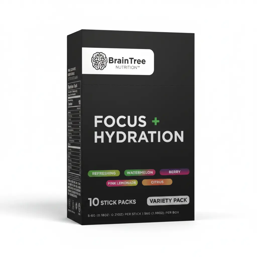 BrainTree Nutrition Focus + Hydration Variety pk Nootropics Adaptogens Sugar-Free Hydration Drink Mix 10 Stick Packs for Enhanced Cognitive Function and Total Body Hydration
