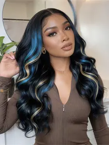28" Ombre Black Body Wave Lace Front Wig with Blonde & Blue Highlights Pre-Plucked Natural Hairline 13x4 HD Transparent Lace Heat-Resistant Synthetic Hair Free Parting for Women Party Daily Wear Glueless Frontal Wig Beginner Friendly Wig