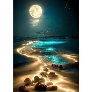 Moonlight Beach Diamond Painting Kits for Adults, 5D Seaside Moon Diamond Art Kits for Beginners, DIY Full Drill Paint with Diamond, Home Wall Decor 30x40cm/12x16in