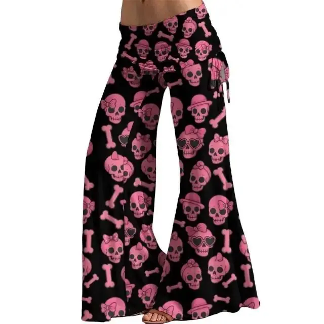 Pink Skulls & Bones High Waist Wide Leg Pants Women Alternative Hippie Rock Bell Bottoms Flare Style