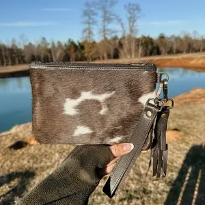 Cowhide Wristlet - Black Cowhide with Varying Hides, Zipper Closure, Ideal for Everyday Use