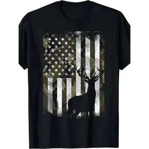 Men's Cotton Oversized Casual Short-Sleeve Graphic Tee - Patriotic Hunting Design, Camo American Flag, Deer, Elk, Buck Graphics, Durable Digital Print, Regular Fit, Round Neck, Streetwear, Dad Gifts, Menswear Vintage