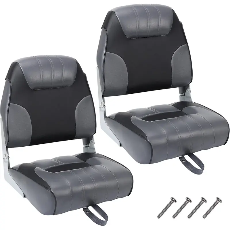 Set of 2 Foldable Boat Chairs, Fold-Down Low Back Captain Boat Seats with Thick Sponge Padding, Fixing Strap, Ergonomic Fishing Seating for Fishing Boat Yachts
