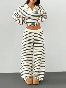 Women's Striped Textured Flare Polo Collar Set, Casual Daily Commute, Two-Piece Suit for Women