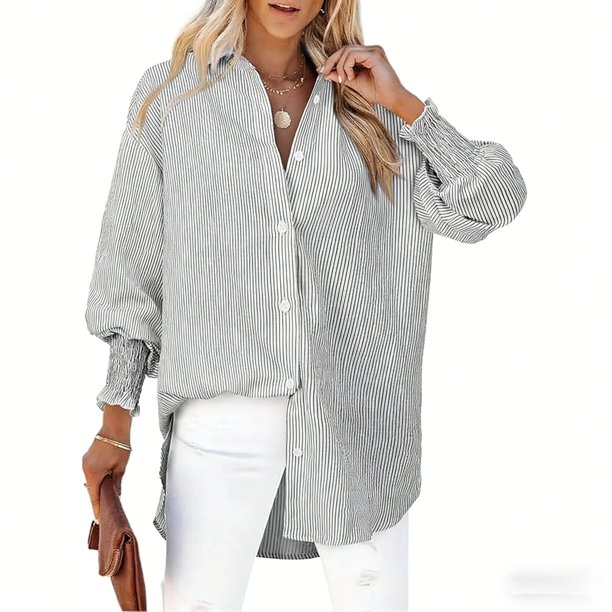 COCCKO Women's Striped Boyfriend Blouse - Collared, Smocked Sleeve Cuffs, Spandex-Crepe Fabric, Business Casual Top, Bikini Cover Up, Valentine's Day Shirt, Leggings Pairing Compatible