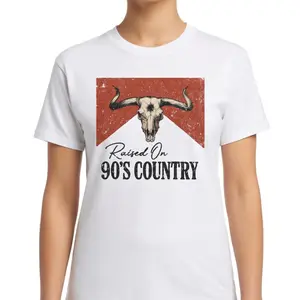 Retro Raised on 90s Country T-Shirt Unisex Vintage Western Bull Skull Graphic Tee Country Music Lover Short Sleeve Apparel Aesthetic Southern Heritage Gift Fashion Top Viral Trendy Streetwear Shirt