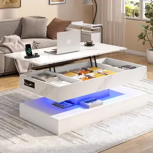 47.2" Large Lift Top Coffee Table with Charging Station, LED Modern High Glossy Center Table with Hidden Compartment Storage, White Lift Living Room Tables with Marbling Print