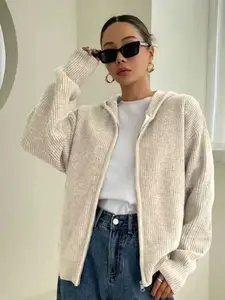 Autumn Winter Hooded Long Sleeve Knit Cardigan, Zipper Design Loose Fit Casual Top, Plain Color Women's Outerwear, Lightweight Cardigan