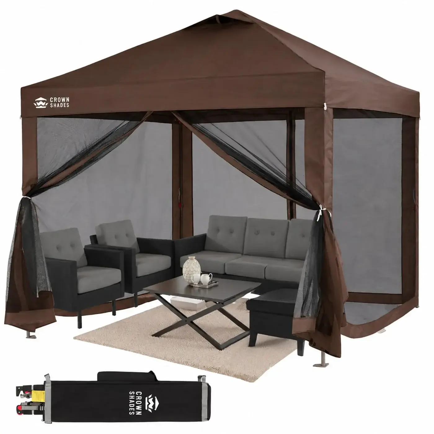 CROWN SHADES 10x10 Pop Up Gazebo - High-Shading Shelters & Gazebos, Outdoor Shelter with Mosquito Netting, 4 Ropes, 8 Stakes, 4 Sandbags, Wheeled Storage Bag, Mosquito Control Solutions for Patio Parties, Camping