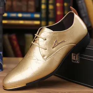 Men's Gold Leather Shoes - Durable Non-Slip Design for Wedding Banquets & Office Work - Elastic Laces & Rubber Sole - US6.5-US13