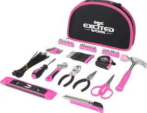 89-Piece Pink Tool Kit Set with Round Pouch, Durable CR-V Steel Tools Including Hammer, Pliers, Screwdrivers for Home Repair, DIY Projects
