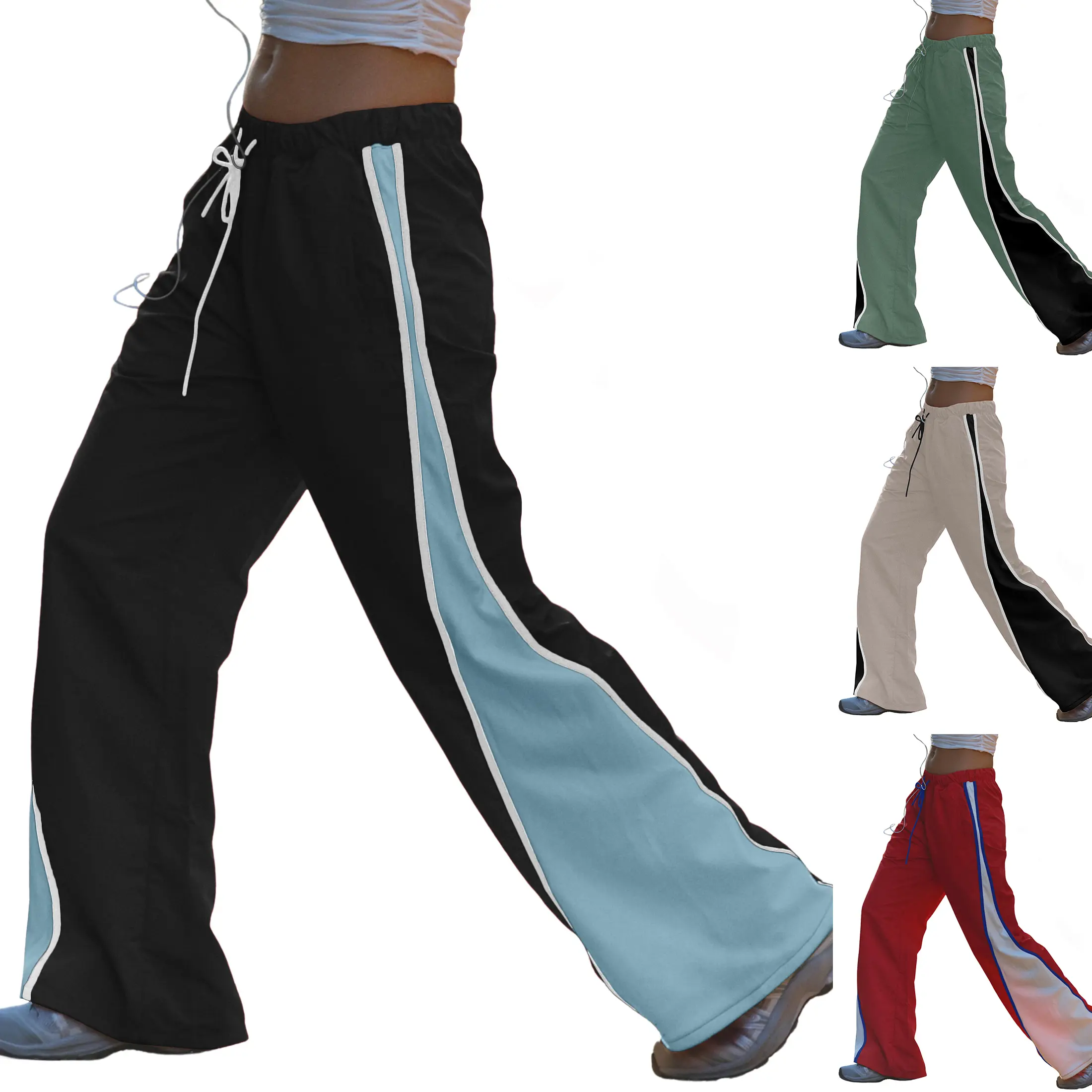 Mundoven Women's Wide-Leg Y2K Parachute Pants, Color-Block Baggy Athletic Sportswear Bottoms, Elastic Waist Womenswear with Comfortable Fabric