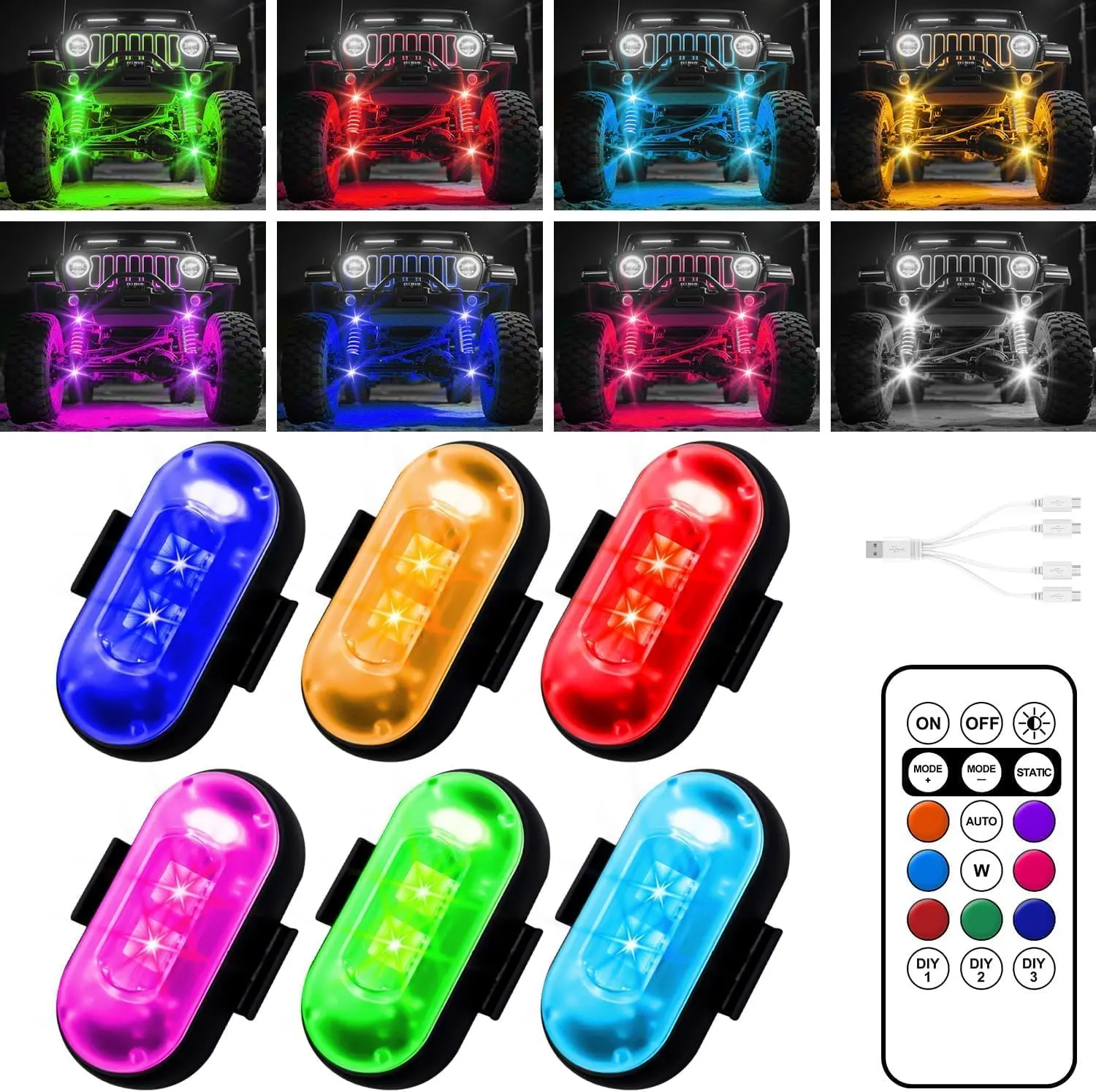 New Upgraded Wireless LED Lights for Car, Rechargeable Interior Car Lights with Multiple Colors Brightness Adjustable, 12H Battery Life, Remote Control, Mini Strobe Lights for Vehicle Motorcycle Bike Decor