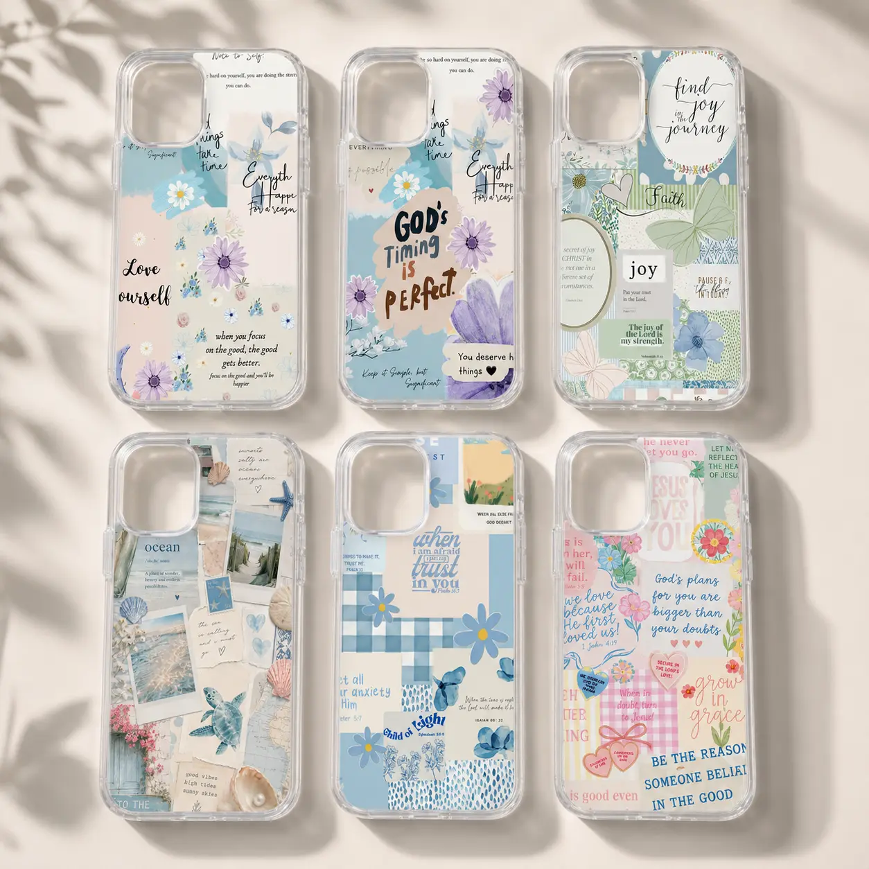 Inspirational Quote Collage Phone Case Preppy Christian Aesthetic Clear Plastic Pastel Bumper Cover, Bible Verse Faith Encouragement Trust in God, Floral Beach Pattern Self Love Affirmation For iPhone 17 Pro Max 16 Plus 15 14 13 Mini 12 11, Galaxy S25