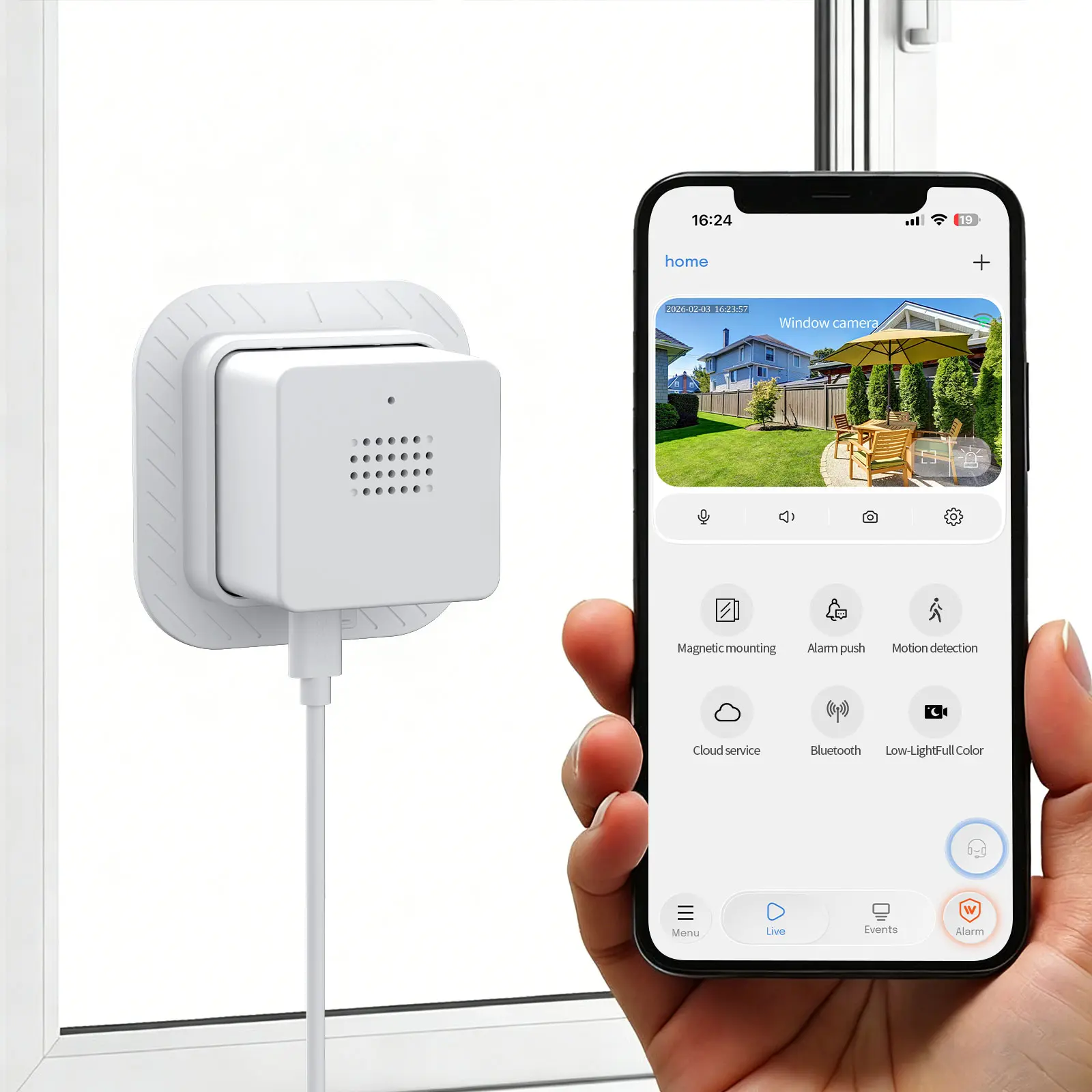 2K HD AI Wireless Window Camera: Automatic 911 calling, color night vision, real-time alerts, motion detection (pets, people, and vehicles), 24/7 recording, supports SD card and cloud storage, easy installation.
