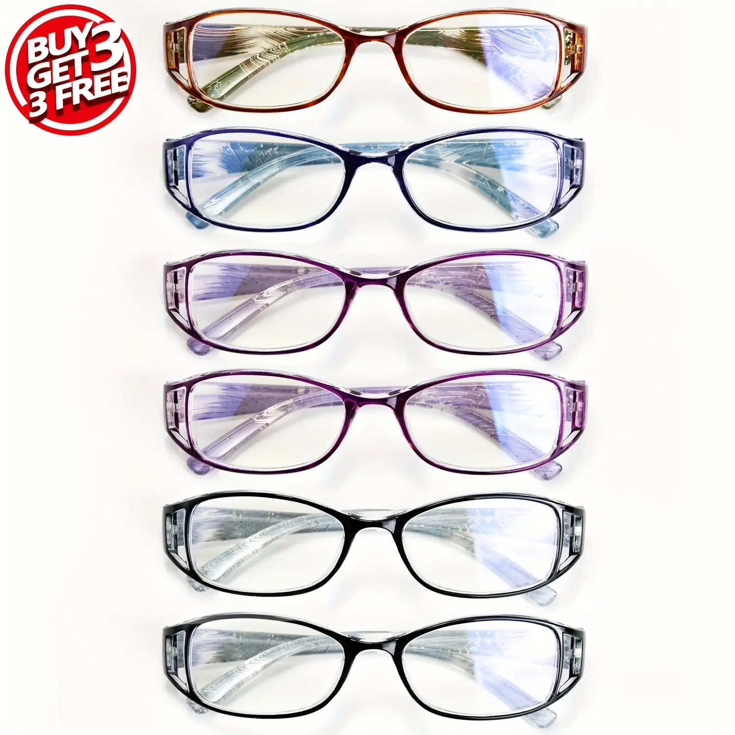 6-Pack Fashion Oval Frame Presbyopia Reading Glasses for Women, Skeleton Design with Ice Flower Pattern, Polycarbonate Lens, Full Rim Eyewear for Farsightedness - Assorted Colors 2 Black + 2 Purple + 1 Blue + 1 Brown