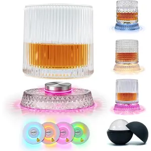 Spinning Whiskey Glass with Ambient Lighting Set, 360 Degree Rotating Crystal Tumbler with Vintage Ribbed Patterns & 4 Color Lighting, Cool Drinking & Bar Accessories (vertical ribs)
