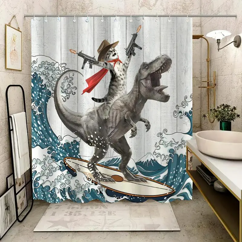 1pc/4pcs Polyester Dinosaur & Cat Print Bathroomcurtain - Shower Curtains with Metal Grommets, Removable Waterproof Layer, 12 Hooks Included, Enhanced Stability, Vibrant Appearance, Home Bathroom Decor for Hotel, Apartment, Single Piece Option, Hanging, A