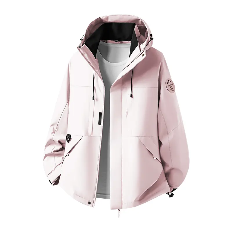 Women’s autumn/winter hooded outdoor jacket, windproof and water-repellent fabric, drawstring hood, loose drop-shoulder fit, solid color, regular length, casual for outdoor activities, climbing, hiking, and commuting, suitable for all seasons.