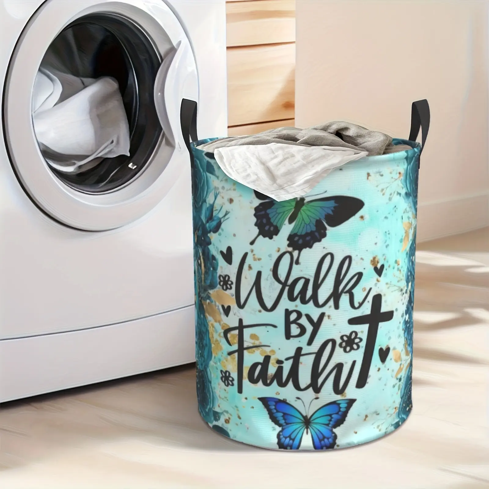 Beautiful Green Butterfly-patterned Laundry Basket, Large Capacity and Foldable Design, Thick Oxford Fabric, with Handle for Easy Carrying. Suitable for Storing Toys and Clothes in The Bedroom and Bathroom. Laundry Basket