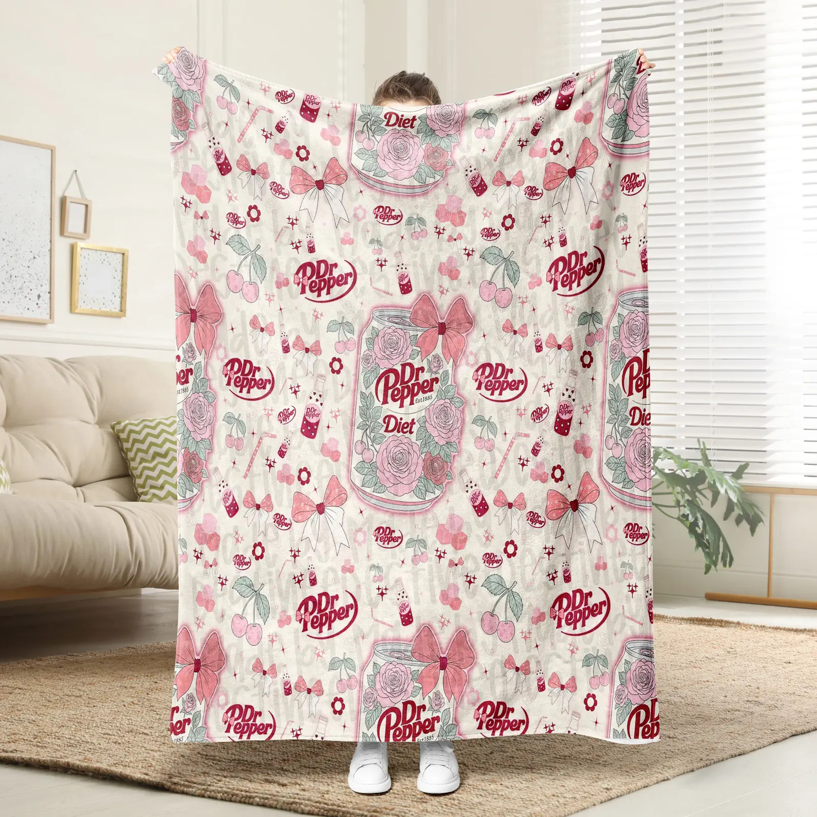 Dr Pepper Coquette Bow Flower Flat Velvet Blanket Multipurpose Soft Office Bedding Plush Thin Quilt Holiday Gift Blanket Pattern Background by destinee